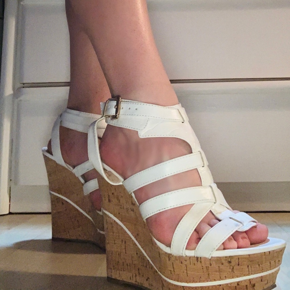 White GUESS Strappy Wedges